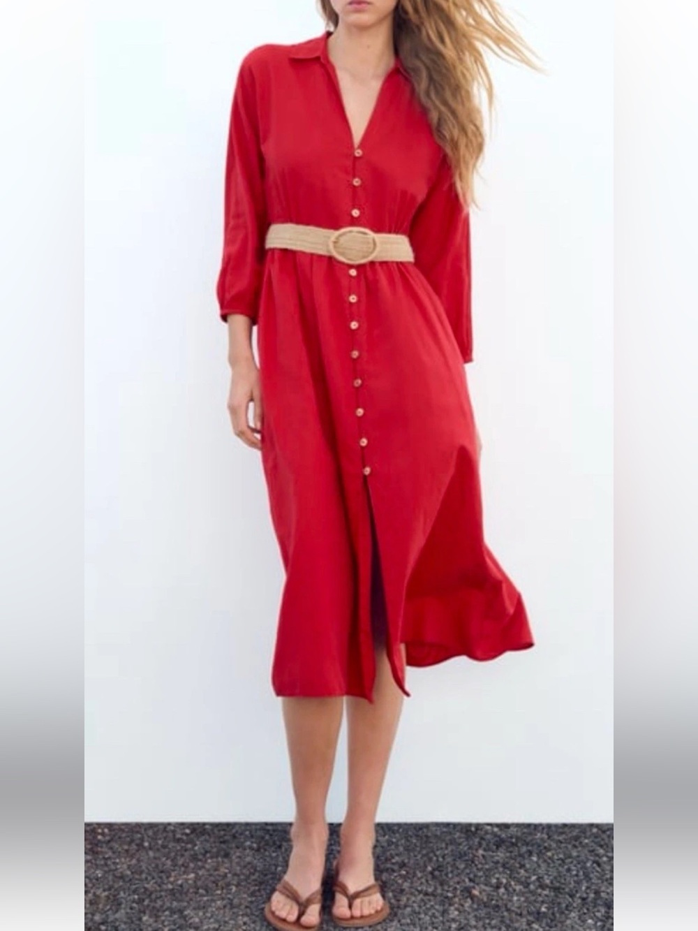 Zara Red Button-Front Midi Shirt Dress with Natural Belt